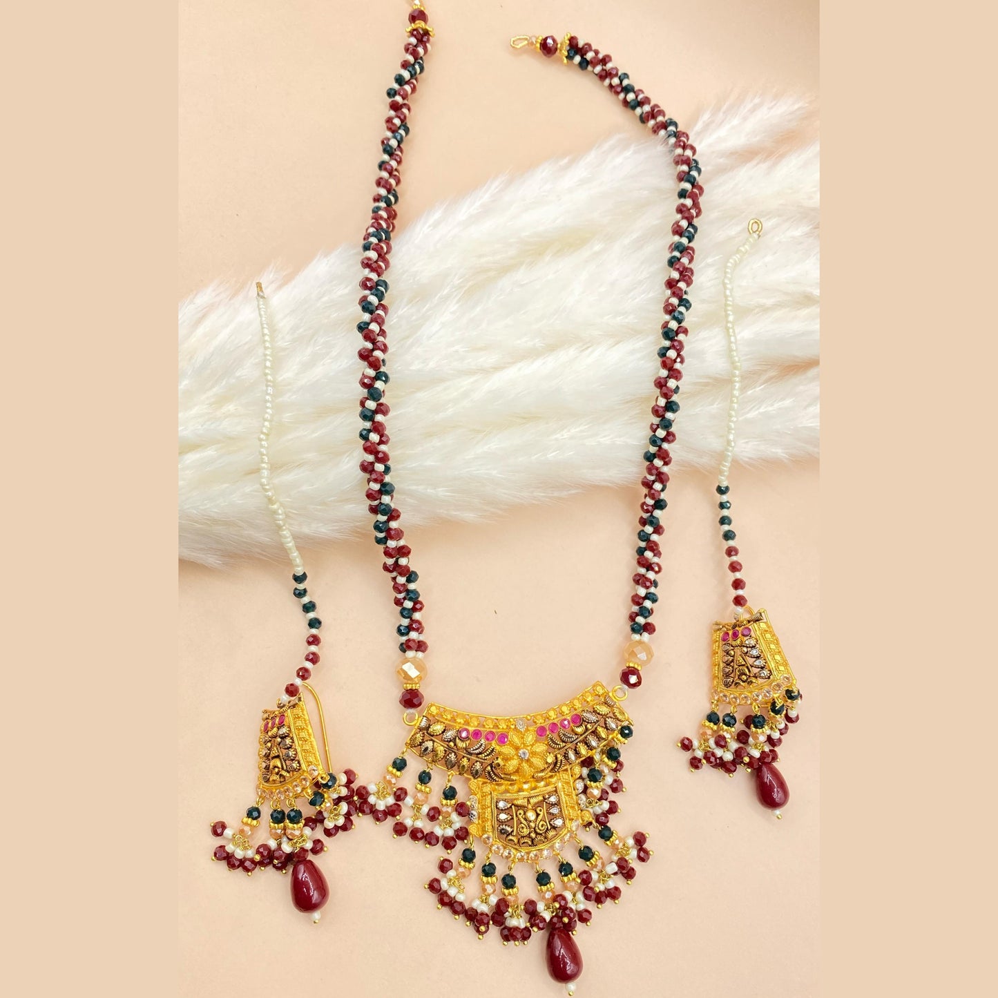 Royal Maroon Gold-Plated Partywear Mala Set with Real Stones