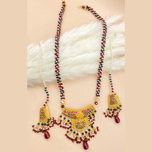 Royal Maroon Gold-Plated Partywear Mala Set with Real Stones