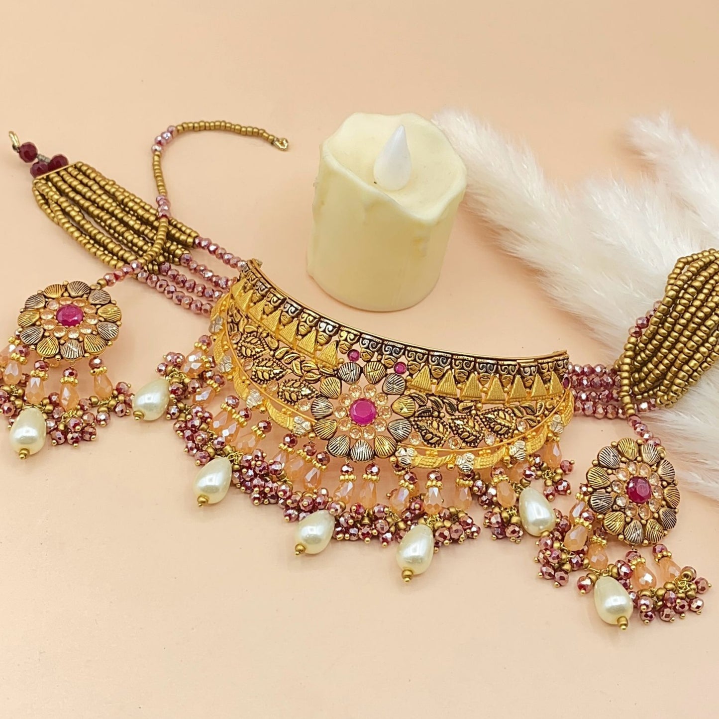 Royal Champagne Zircon Choker Set in Gold Finish