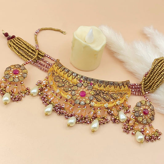 Royal Champagne Zircon Choker Set in Gold Finish