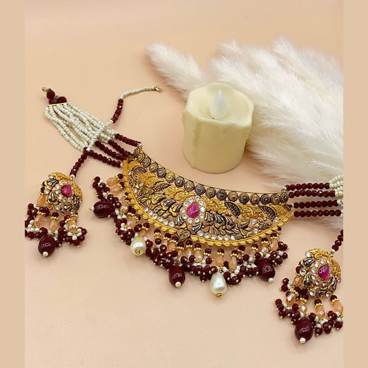 Classic Maroon Gold-Plated Choker Set for Bridal Look