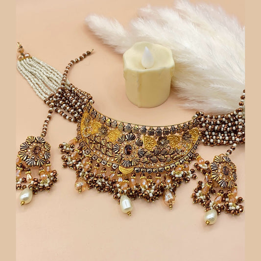Royal Gold-Plated Choker Set with Antique Finish & Pearls