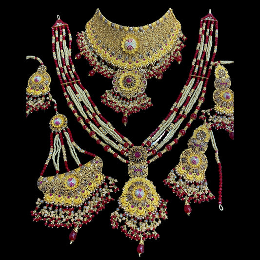 Royal Maroon Zircon Bridal Set with Gold Polish Finish