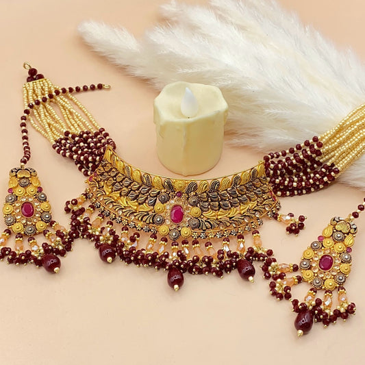 Shimmering Maroon Gold-Plated Choker Set with Real Zircons