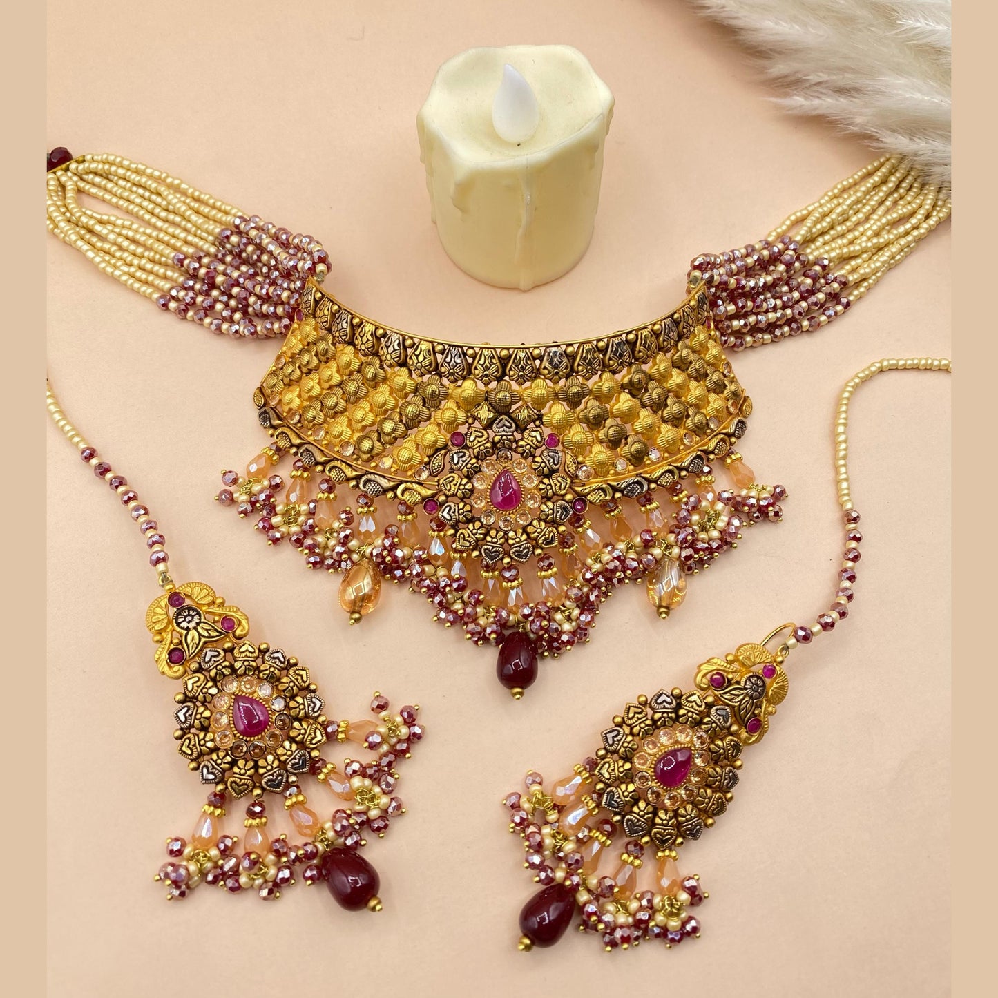 Traditional Gold-Plated Beaded Choker Set for Weddings
