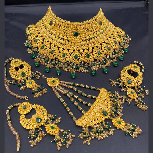 Elegant Green Gold-Plated Complete Bridal Jewellery Set