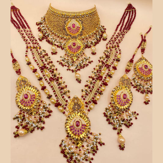 Graceful Gold-Plated Maroon Bridal Set with Fine Craftwork