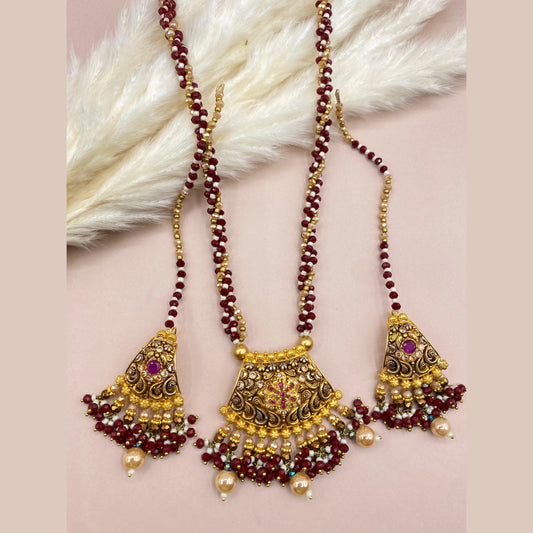 Elegant Gold-Plated Maroon Mala Necklace Set for Brides