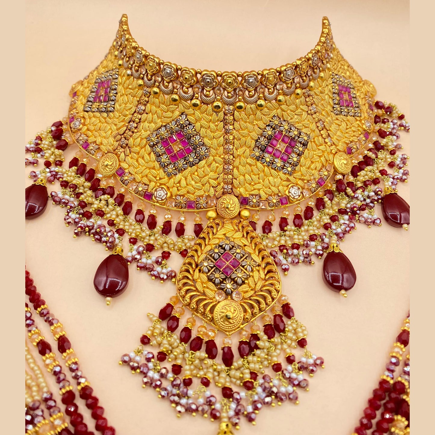 Designer Maroon Stone Bridal Jewellery Set for Weddings