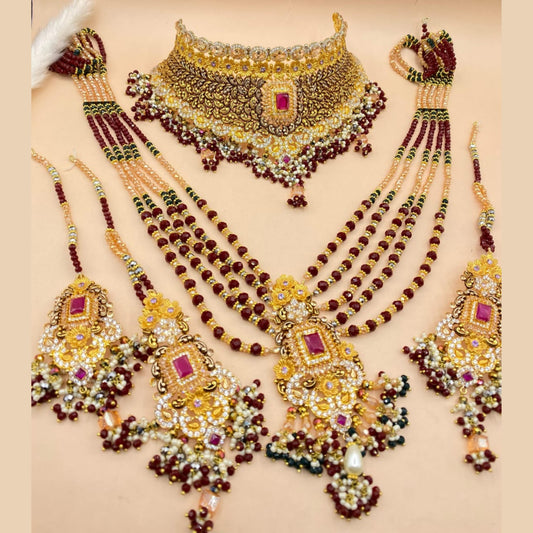 Heritage-Inspired Maroon Bridal Set in Gold Finish