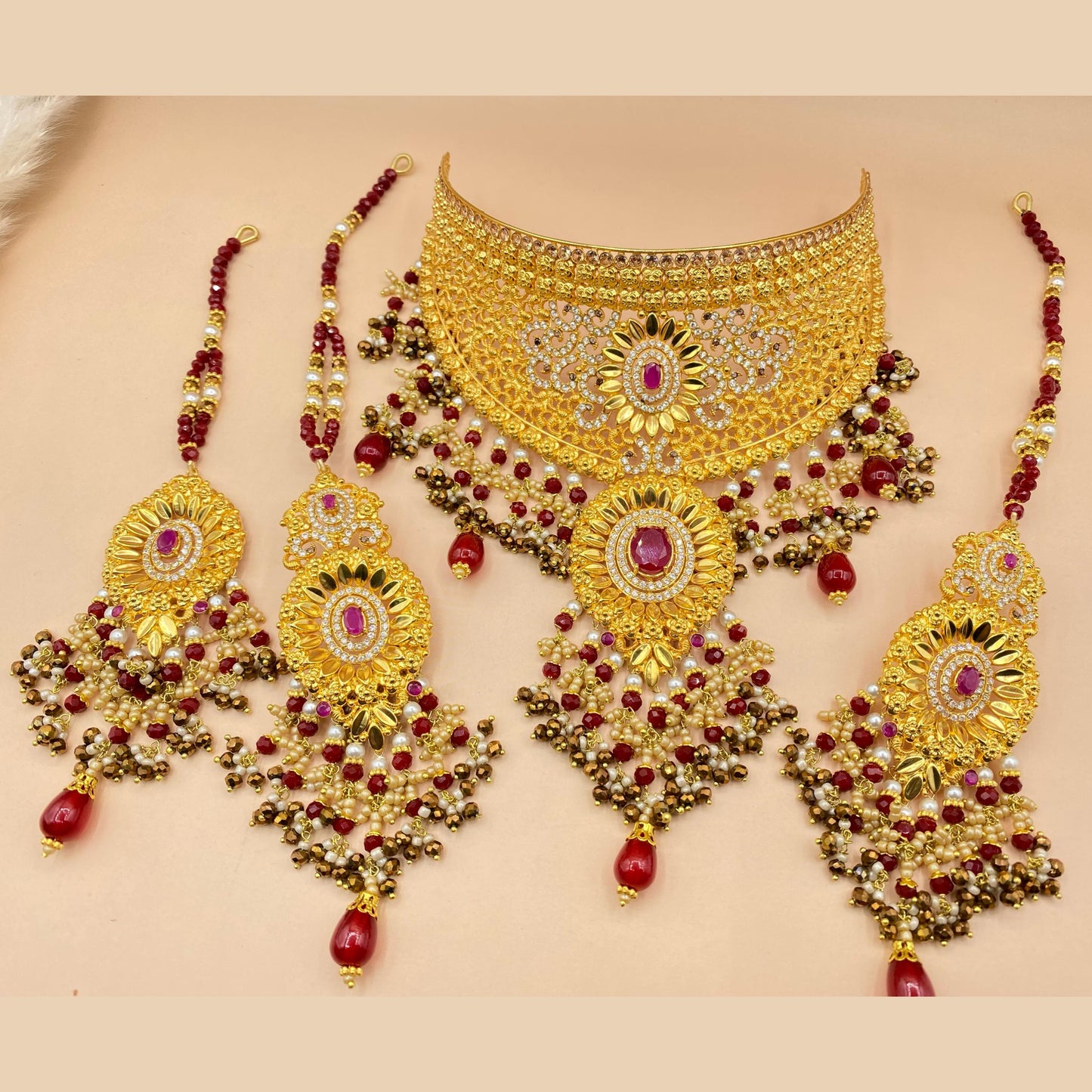 Grand Maroon Bridal Jewellery Ensemble in Gold Plating