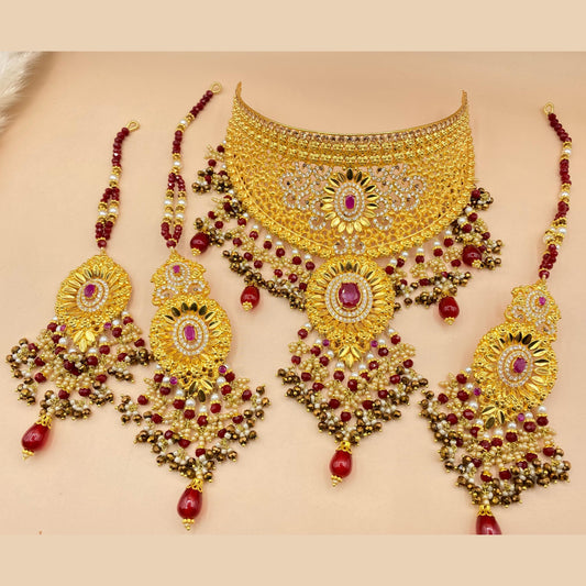 Grand Maroon Bridal Jewellery Ensemble in Gold Plating