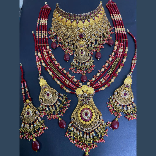 Elegant Maroon Bridal Necklace & Earrings Set in Gold Polish