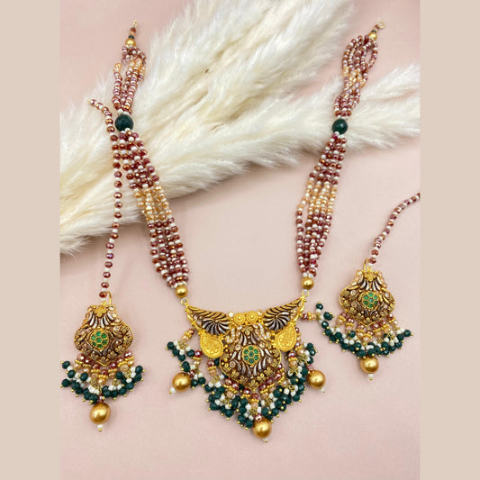 Elegant Green Gold-Plated Mala Set with Real Stones