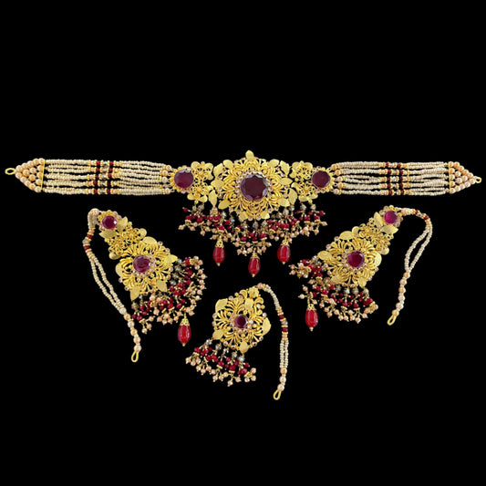 Royal Maroon Gold-Plated Choker Set with Real Stones