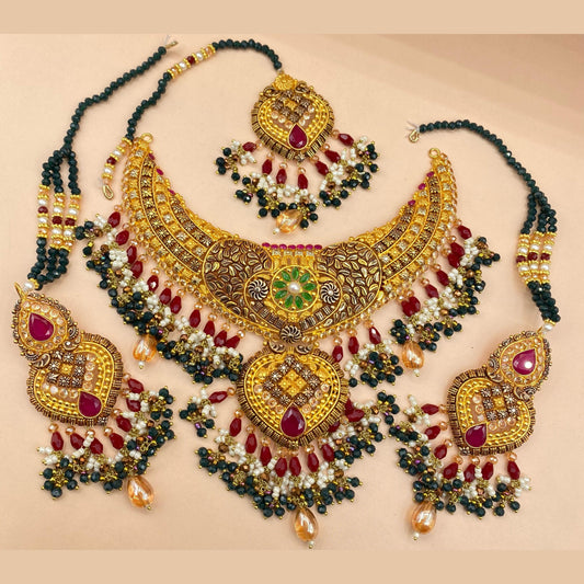 Elegant Green Gold-Plated Partywear Necklace Set
