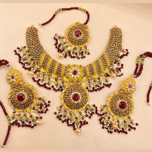 Royal Maroon Gold-Plated Partywear Necklace Set