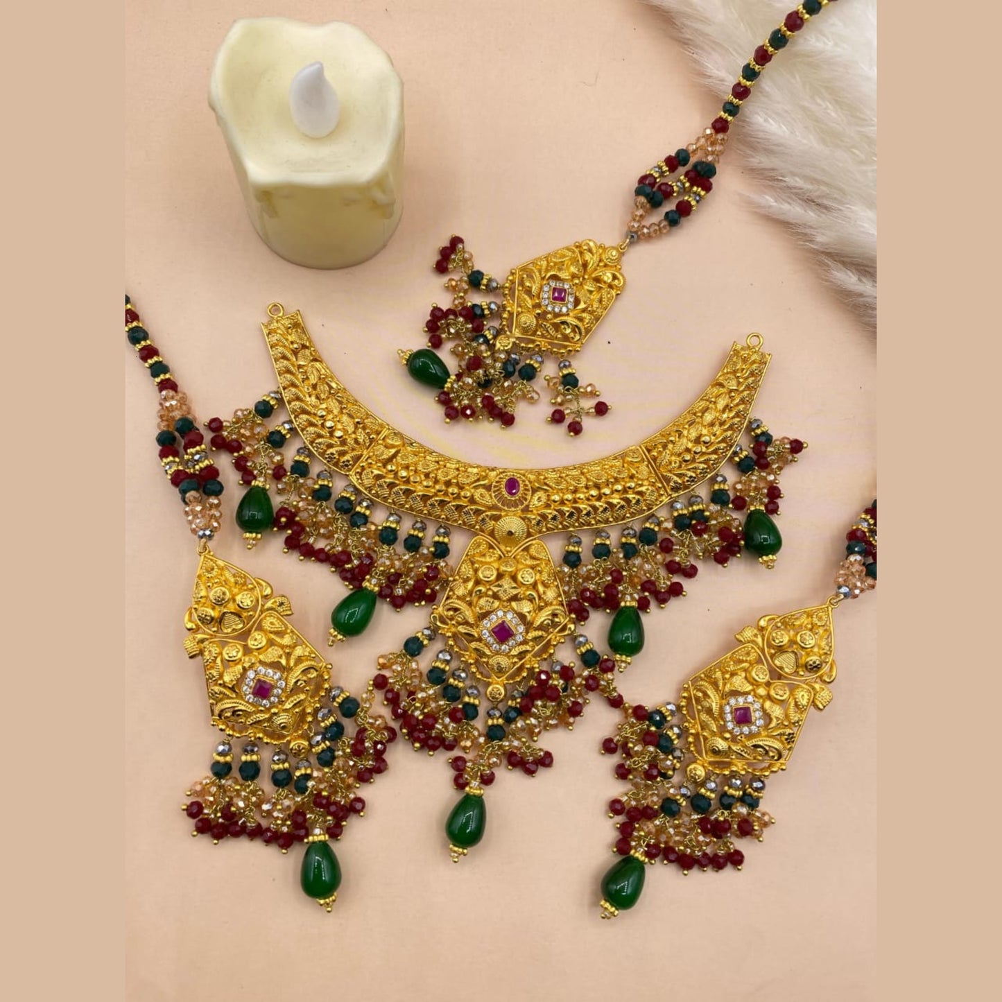 Beautiful Gold-Plated Maroon Partywear Jewellery Set