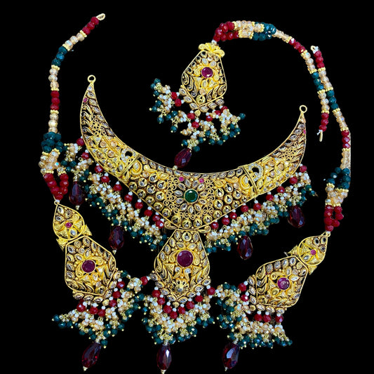 Elegant Gold-Plated Maroon Necklace Set with Real Stones
