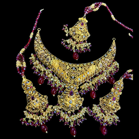 Golden Glow Maroon Zircon Necklace Set for Parties