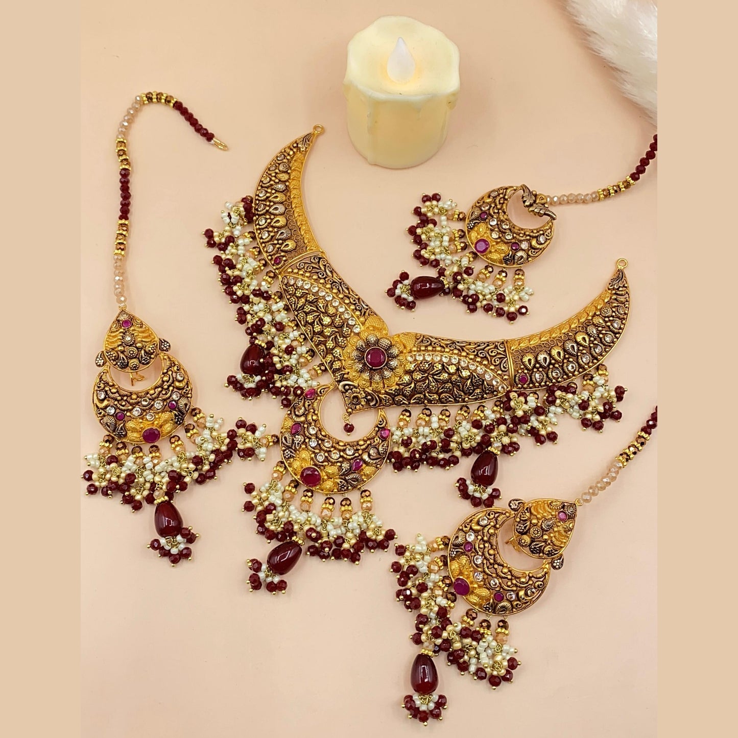 Beautiful Gold-Plated Maroon Partywear Jewellery Set